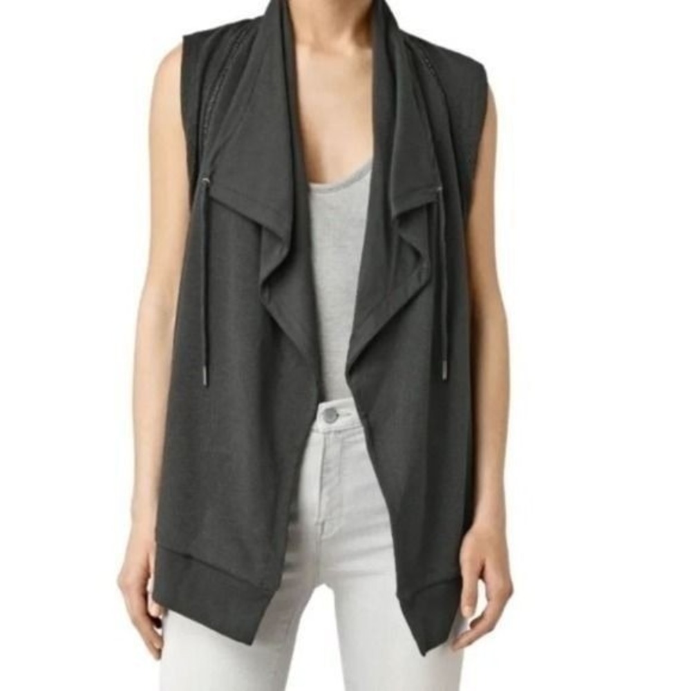 AllSaints Fera Sleeveless Sweat Vest Black Zipper Wrap Draped Goth Small WM011G